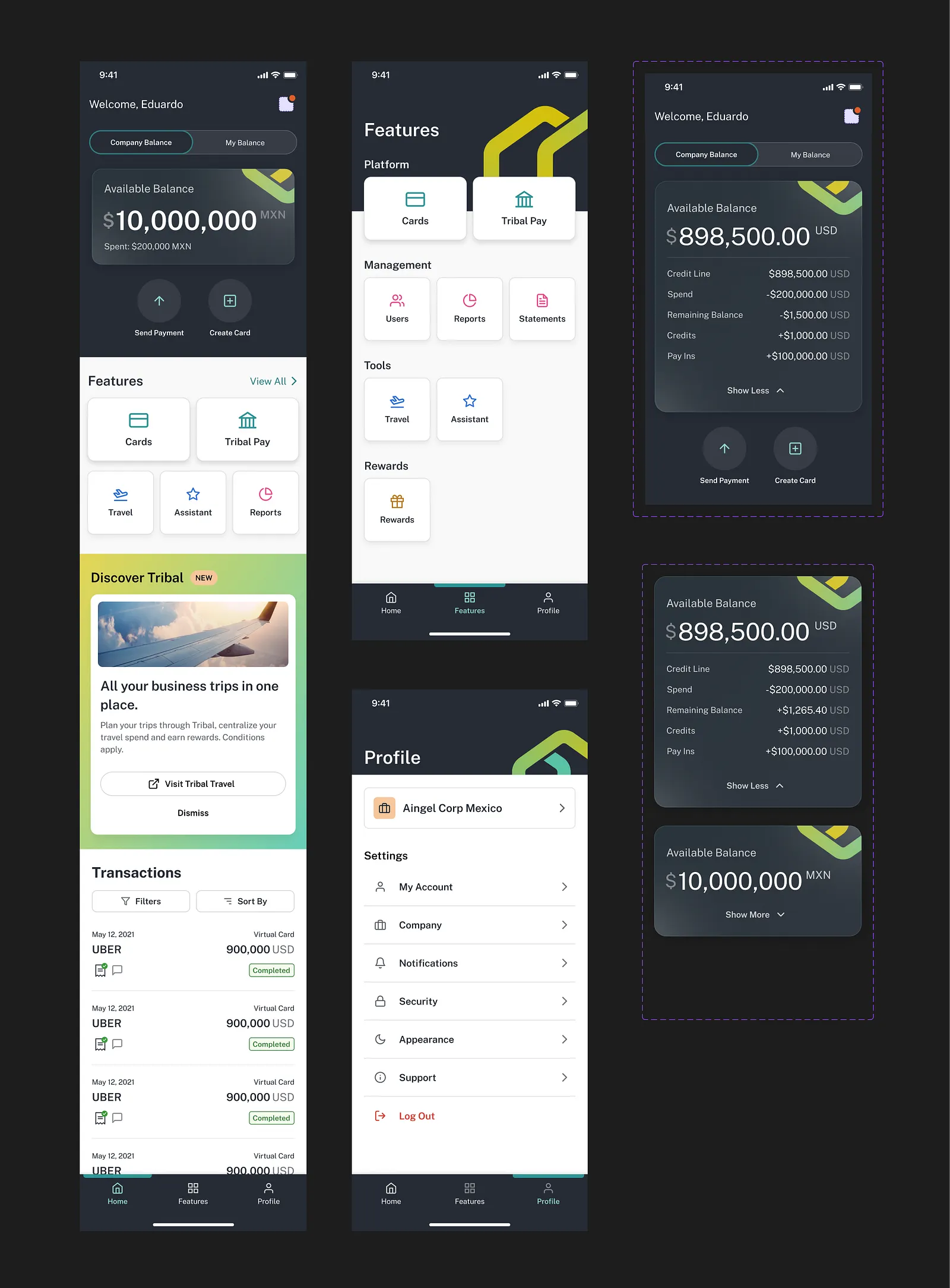 A full mobile product board for Tribal Platform showing the home, features, profile, and company-balance experiences across multiple states.