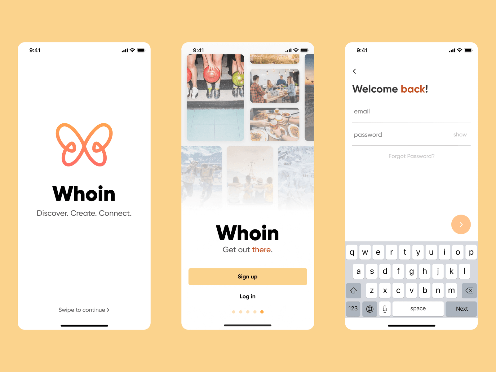 Three Whoin mobile screens showing the launch, onboarding, and sign-in experience.