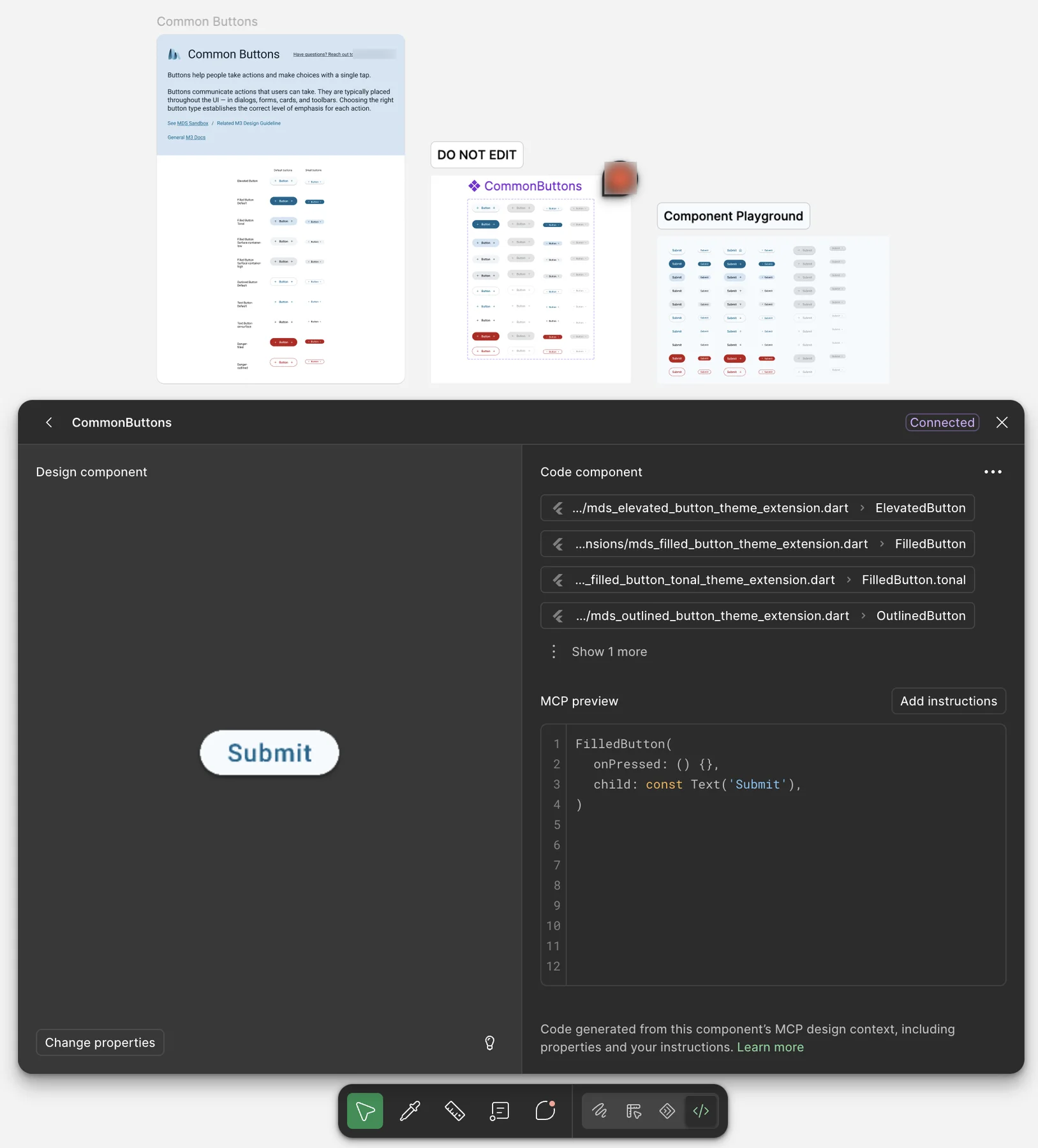 Figma's Code Connect panel reporting Connected, mapping one button component set to five Flutter theme-extension symbols including FilledButton.tonal, above the generated Dart preview.