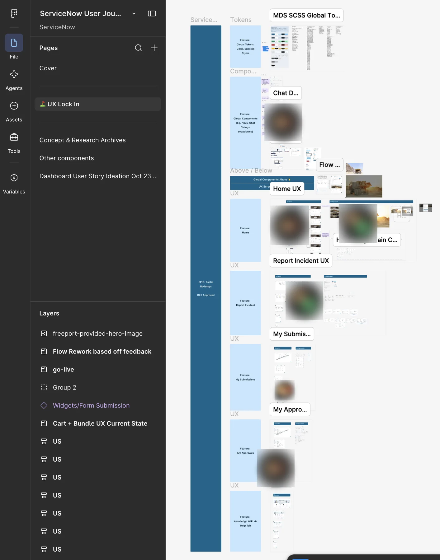 The redesign file structured as the backlog: one epic spine, seven feature lanes, and a global token sheet authored to compile into ServiceNow-compatible SCSS.