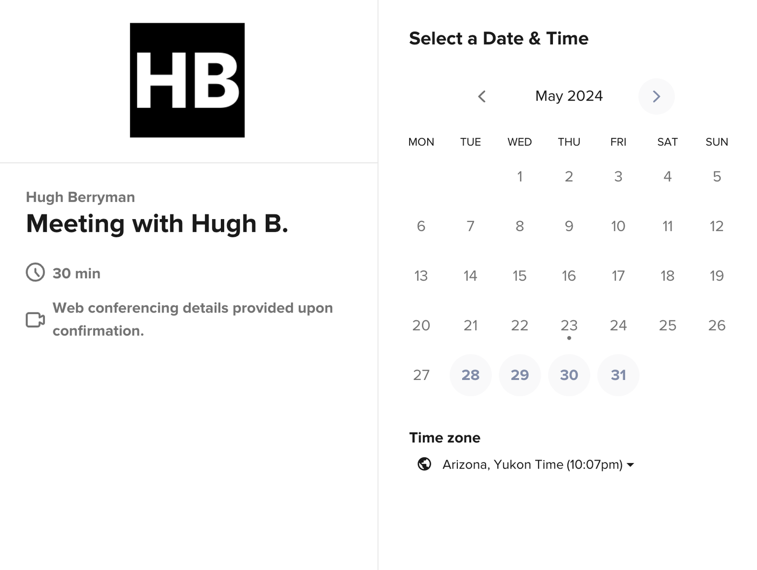 Book a time with hugh via Calendly